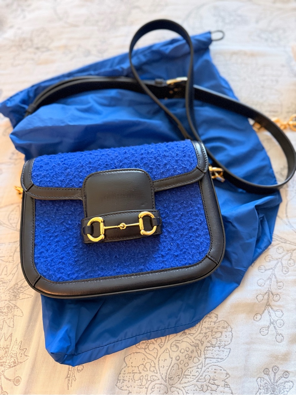 Gucci Blue and Black Wool Crossbody with Gold Horsebit